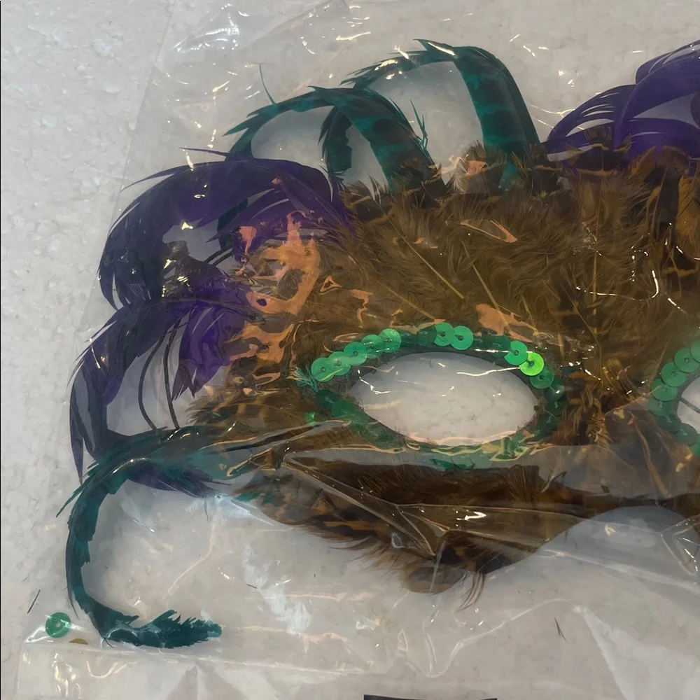 Feathered Masquerade Mask Green sequin Purple brown Halloween Mardi Gras cosplay